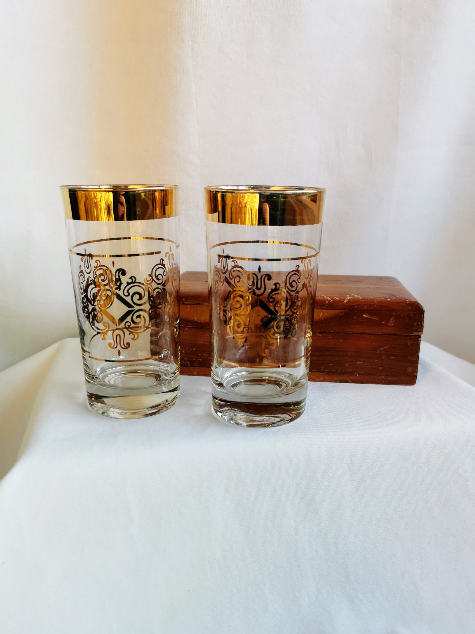 Set of 2 Gold Drinking Glasses Vintage Water Glasses Etsy