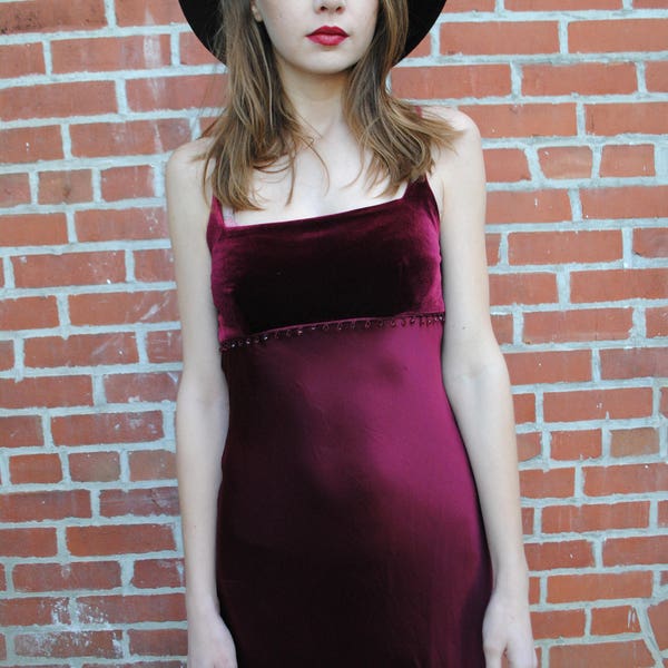 Vintage Dress, Velvet Dress, Satin Dress, Grunge, Prom, Vintage Clothing, 90's Clothing, Midi Dress, Purple, Maroon, Small, XS, Homecoming