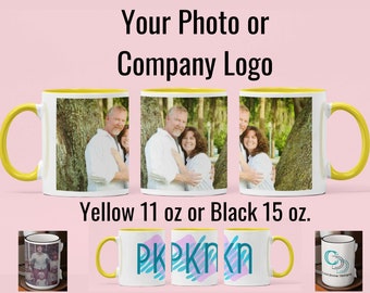 Custom Photo Logo Mug | Your Picture or Company Logo | Choose 11 oz. Yellow or 15 oz. Black | Personalized Coffee Mug