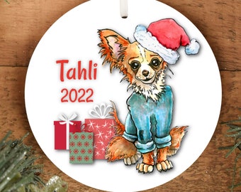 Long Haired Chihuahua Ornament | Christmas Dogs Ornament | Durable Metal | Personalize The Back with Words or a Photo