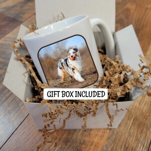 Personalized Australian Shepherd Photo Mug Multi Breed Color Red Fawn Black Tan Merle Different Eye Colors Santa Hat Optional 15 oz Ceramic image 3