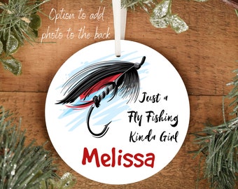 Personalized Fly Fishing Girl Ornament | Fly Fishing Gift | Just a Fly Fishing Kinda Girl | Durable Metal | Option message or photo back