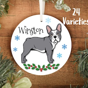 Personalized French Bulldog Ornament Multi Breed Color Variation Piebald Brindle Fawn Lilac Two Tone and Solids Santa Hat Optional image 1