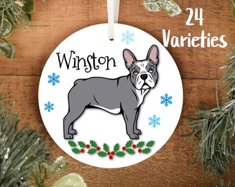 Personalized French Bulldog Ornament Multi Breed Color Variation Piebald Brindle Fawn Lilac Two Tone and Solids Santa Hat Optional