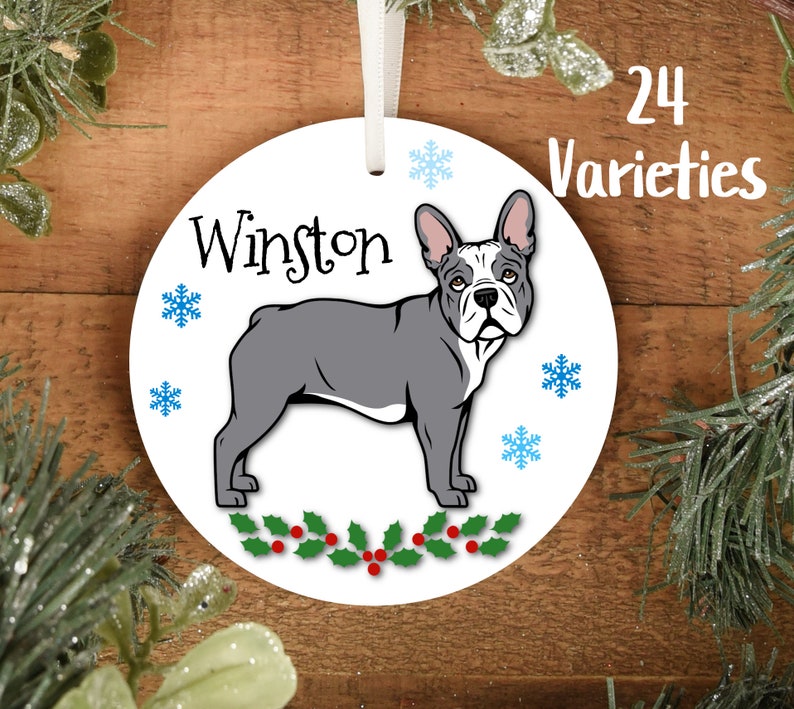 Personalized French Bulldog Ornament Multi Breed Color Variation Piebald Brindle Fawn Lilac Two Tone and Solids Santa Hat Optional image 1