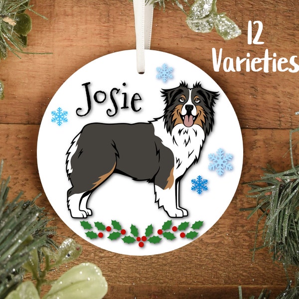 Personalized Australian Shepherd Ornament Multi Breed Color Variation Red Fawn Black Tan Merle Different Eye Colors Santa Hat Optional