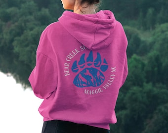 Bear Creek Supply Bear Paw Hoodie | Black Bear Paw Print Animal Tracks Sweatshirt | Hooded Pullover Smoky Mountains Hot Pink Sweater