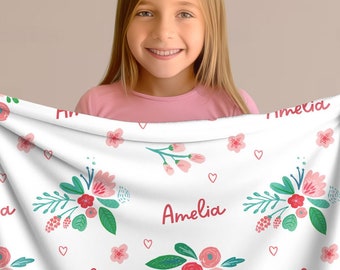 Floral Personalized Blanket with name, Newborn Baby Shower, Nursery Gift, Baby Girl, Flowers with Hummingbird.