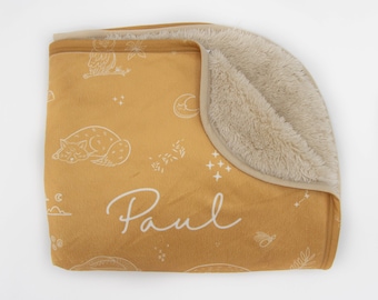 Personalized Name On Sherpa Baby Blanket, Gold Color With Sleeping Animals Print, Newborn Girl Or Boy, Baby Shower Gift
