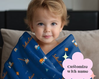 Personalized Blanket with Trucks and Construction Design and Kid Name Perfect Gift for Baby Shower or Birthday Present