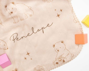 Prénom personnalisé sur couverture de bébé, couleur marron bohème avec motif maman ours et oursons, nouveau-né fille ou garçon, cadeau de baby shower