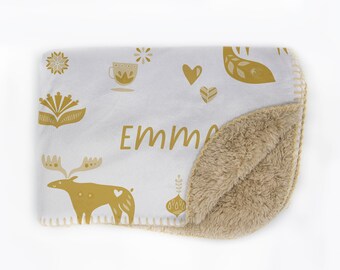 Prénom personnalisé sur couverture de bébé en sherpa, blanc et or avec motif Noël/automne, nouveau-né fille ou garçon, cadeau de baby shower ou de vacances