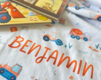 Personalized Name On Baby Infant Blanket, Trucks, Newborn Boy, Baby Shower Gift, Construction