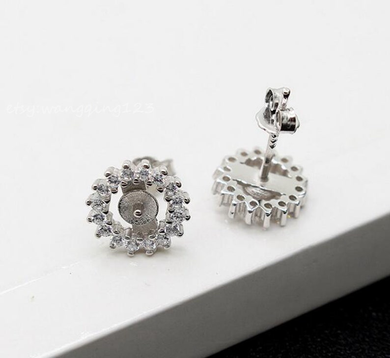solid 925 sterling silver cubic zircona v shaped cricle earring stud post with cup and peg for half drilled beads blank earrings finding