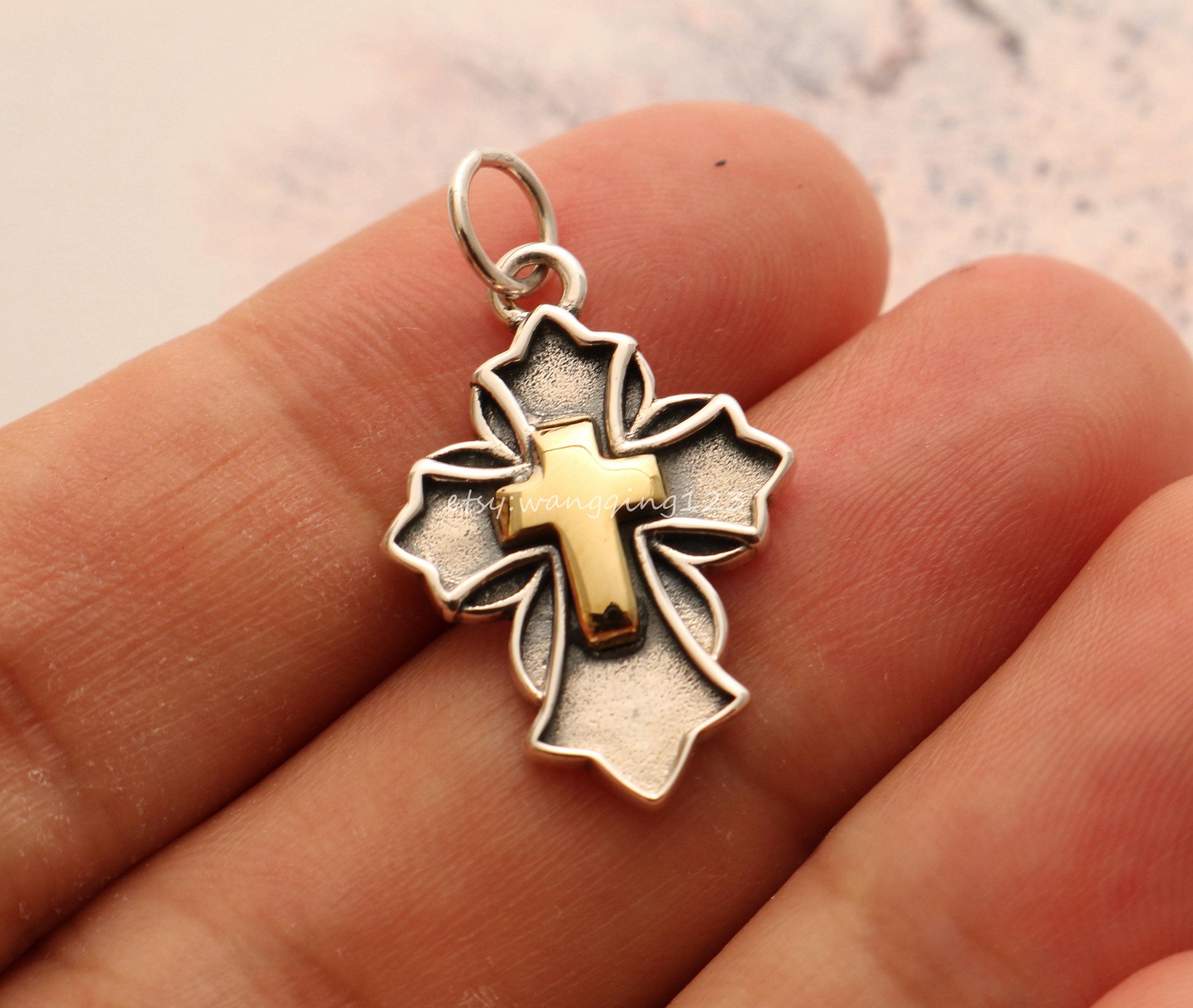 Solid sterling silver cross charm pendant 15x19mm Etsy