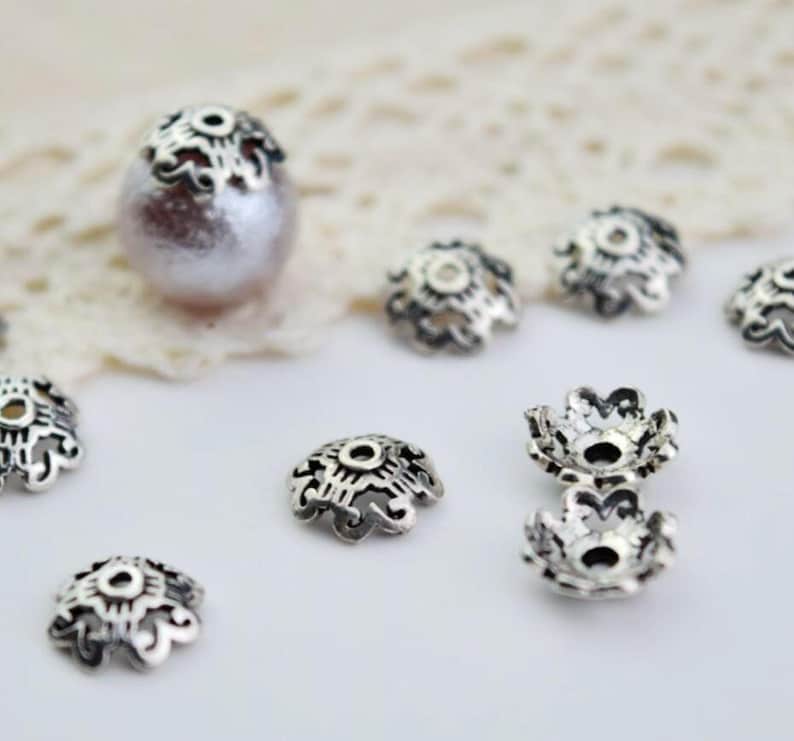 TJ2 10 of sterling silver 7mm bead flower cap beads caps