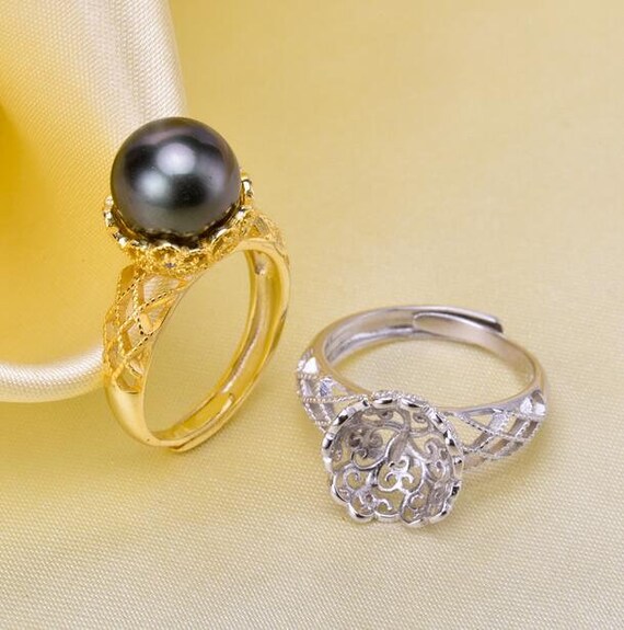 1pcs solid 925 sterling silver gold or silver adjustable butterfly ring setting with cup and peg for half drilled beads