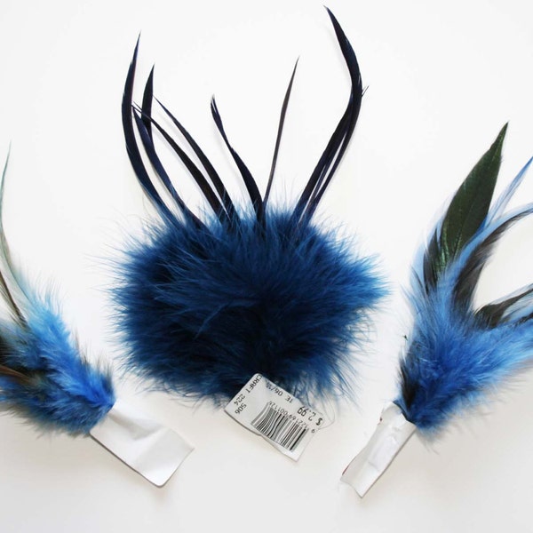 Millinery feathers, blue feather tufts and biot spikes, blue tiger tufts, millinery costume feathers, hatmaking millinery supply, 3 pieces