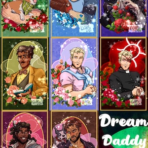 May include: Nine art prints showcasing illustrations of male characters, each with a distinct colour palette and floral decorations. The prints are marked with the text "DMS" and the year. The collection is titled "Dream Daddy Prints".