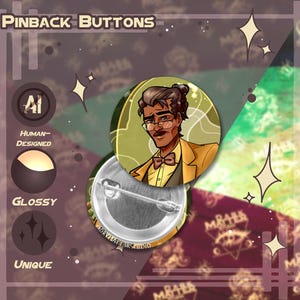 Puede incluir: Botones de solapa con una ilustración de dibujos animados de un hombre con traje amarillo y pajarita. Los botones son brillantes y únicos, con el texto "PINBACK BUTTONS" en la parte superior. El diseño es de diseño humano.