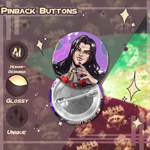 Puede incluir: Botones de solapa con acabado brillante. Un botón presenta una ilustración de una persona con cabello largo y negro y un atuendo negro. El texto "PINBACK BUTTONS" está en la parte superior. El botón está etiquetado como "HUMAN-DESIGNED" y "UNIQUE".