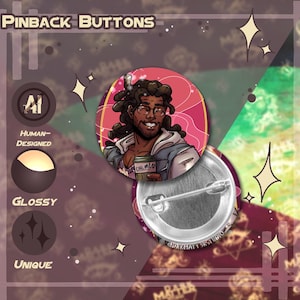 Puede incluir: Botones de solapa con acabado brillante. Un botón presenta una ilustración de una persona sonriente con gafas y rastas, sosteniendo una taza de café. El texto "PINBACK BUTTONS" está en la parte superior. Los botones están etiquetados como "Human-Designed" y "Unique".