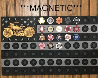 Poker Chip American Flag Black/Gray Magnetic Display Fits 65 Harley-Davidson Style Chips, Magnets installed in back,Hanger on back