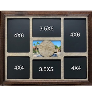 May include: A brown wooden picture frame with a collage of eight photo openings. The openings are labeled with the dimensions of the photos they can hold: 4x6, 3.5x5, and 4x4 inches. The center opening features a photo of a globe with the word "UNIVERSAL" on it.