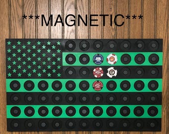 Poker Chip American Flag Black/Green Magnetic Display Fits 65 Harley-Davidson Style Chips, Magnets installed in back,Hanger on back