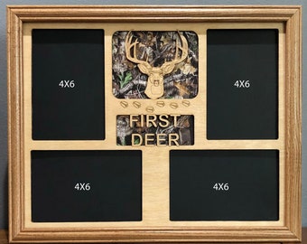 11x14 First Deer Hunter Laser Engraved Picture Frame with 4- Photo Hole Collage Camo Background