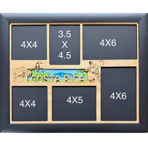 May include: A black picture frame with a woodgrain background. The frame has seven openings for photos. The openings are labeled with the dimensions of the photos they can hold. The frame has a Costa Rica theme with a sloth and monkey on the top and the words "Costa Rica" in the center.