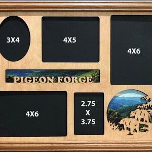 May include: A wooden picture frame with a collage of six photo openings. The frame has a light brown wood finish. The openings are labeled with their dimensions: 3x4, 4x5, 4x6, 4x6, 2.75 x 3.75. The frame also features a carved wooden sign that reads "PIGEON FORGE".