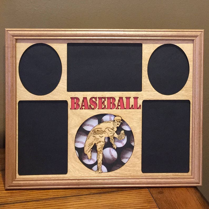 11x14 Baseball with Glove Laser Engraved Picture Frame with 5 Photo Holes Matte Collage Color Background can be changed,hanger included