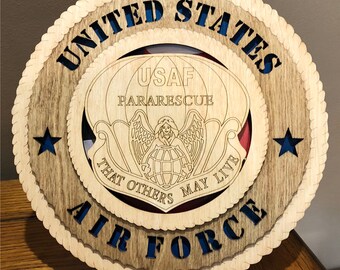 U.S. Air Force Pararescue Wall Tribute w/FlagBackground ManCaveMilitaryArmyNavyAirForceMarinesPersonalized Stand, Jumbo 16"&18" option