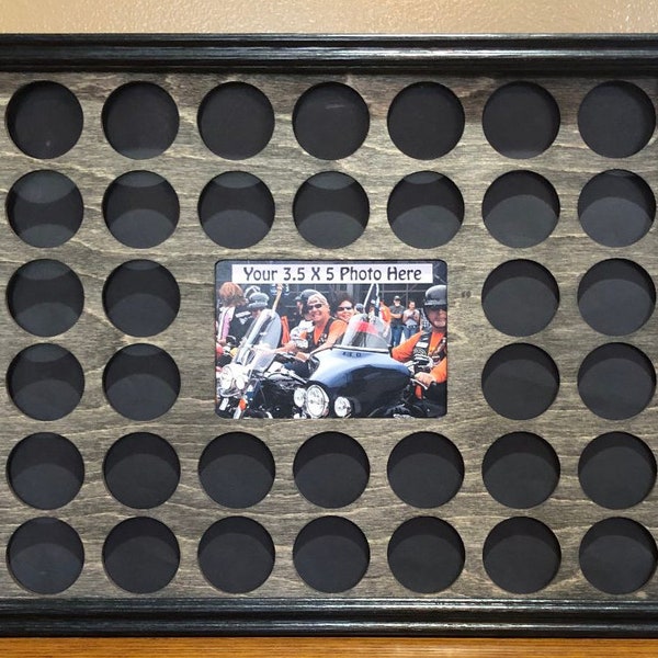 Poker Chip Frame Display Black Insert & Frame,Photo Hole 4x6, Fits 36Harley-Davidson or Casino chip 11 X 14 wood chip holderandFrameOptional