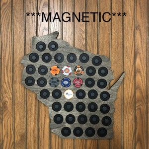 Poker Chip Magnetic Wisconsin Map Display  Fits 42 Harley-Davidson or Casino chips,Hanger on back,3/8 inch thick birch