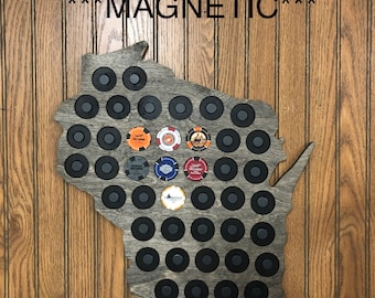Poker Chip Magnetic Wisconsin Map Display  Fits 42 Harley-Davidson or Casino chips,Hanger on back,3/8 inch thick birch