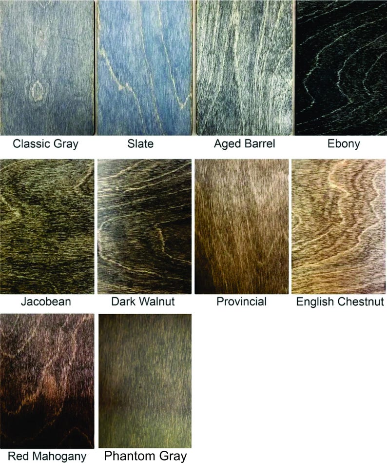 Puede incluir: Muestras de tinte para madera en varios colores, incluyendo Gris Cl&aacute;sico, Pizarra, Barril Envejecido, &Eacute;bano, Jacobino, Nogal Oscuro, Provincial, Casta&ntilde;o Ingl&eacute;s, Caoba Roja y Gris Fantasma. Cada muestra muestra la veta de la madera.