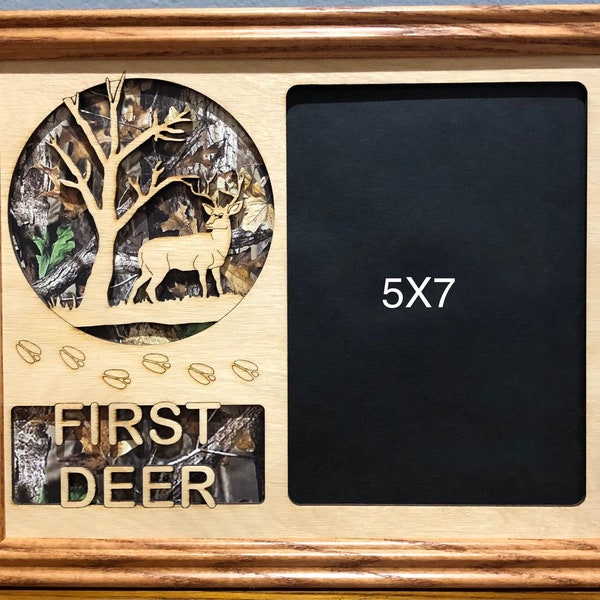 8x10 First Deer Hunter Laser Engraved Picture Frame with 1 Photo hole for 5x7 photo with easel and hanger Collage Camo Background