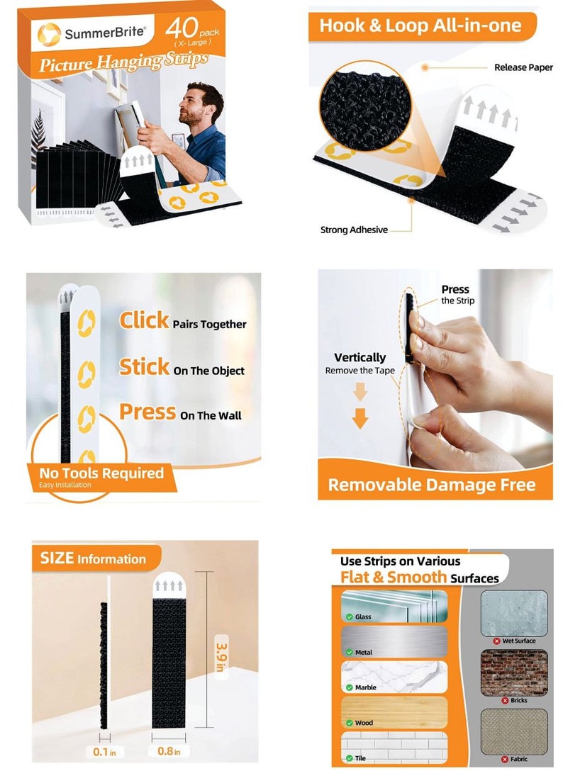 Puede incluir: Tiras para colgar cuadros SummerBrite, paquete de 40. Las tiras utilizan un sistema de velcro con adhesivo fuerte. Cada tira mide 9.9 cm de largo, 2 cm de ancho y 0.3 cm de grosor. F&aacute;cil instalaci&oacute;n, no se necesitan herramientas. Extra&iacute;ble y sin da&ntilde;os.