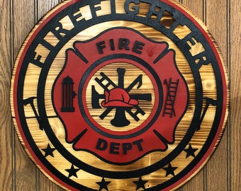 Firefighter Fireman Sign 15 Inch Rustic Round Wood Sign ManCave Fireman Maltese Cross with Hanger on Back18" available