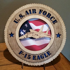 U.S. Air Force F-15 Eagle Wall Tribute w/Flag Background ManCave Military ArmyNavyAirForceMarines Personalized Stand, Jumbo 16"& 18" options