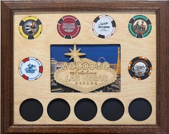 Poker Chip Frame Vegas Display 8x10 Insert and  Optional Frame With Vegas in center Fits 14 Harley-Davidson or Casino chips