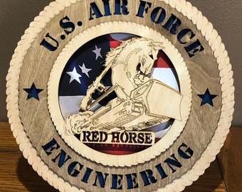 U.S. Air Force Red Horse Wall Tribute w/FlagBackground ManCaveMilitaryArmyNavyAirForceMarinesPersonalized Stand, Jumbo 16"&18" option