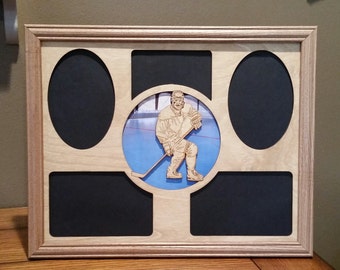 11x14  Hockey Player With Stick Laser Engraved Picture Frame with 5 Photo Holes Collage Color Background