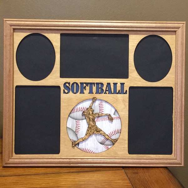 11x14 Softball Laser Engraved Picture Frame with 5 Photo Holes Matte Collage Color Background can be changed,hanger included