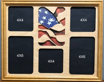 11x14 US Flag Laser Engraved Picture Frame with 5 Photo Holes Collage W/ Flag Background,frame optional