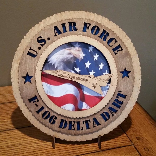U.S. Air Force F-106 Delta Dart Wall Tribute w/FlagBackground ManCaveMilitaryArmyNavyAirForceMarinesPersonalized Stand, Jumbo 16"&18" option