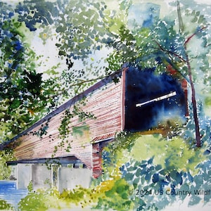 May include: Watercolor painting of a red wooden covered bridge with a blue sky and green trees. The bridge is partially obscured by the trees. The painting is signed "2024 US Country Wildflowers".