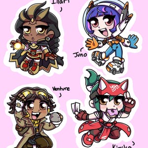 May include: Four cartoon character stickers on a pink background. The characters are Illari, Juno, Venture, and Kiriko. Illari is wearing a gold and red outfit. Juno is in a blue and orange space suit. Venture is in a brown coat. Kiriko is in a red and white outfit.